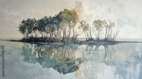 Serene island, mirrored in still water.  A tranquil island, densely populated with trees, reflects perfectly in the calm water.  Soft colors and light create a peaceful atmosphere