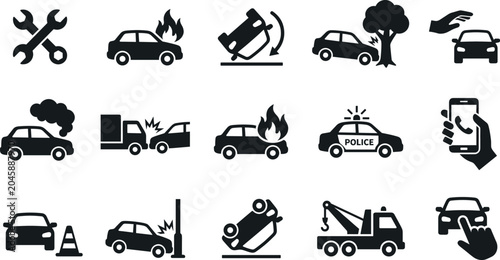 Foto Car accident and roadside assistance vector icon set featuring vehicle crashes e