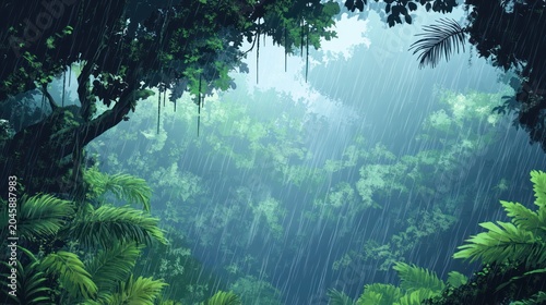 Lush rainforest during a rain shower. Lush green foliage, thick canopy, misty atmosphere, rain falling
