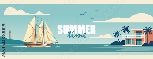 Retro vector summer banner with tall sailing ship on teal sea, modern beach villa, lighthouse and seagulls. Soft vintage palette, wide horizontal composition. Vector illustration