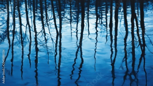 Dark, still water reflects a grove of dead trees