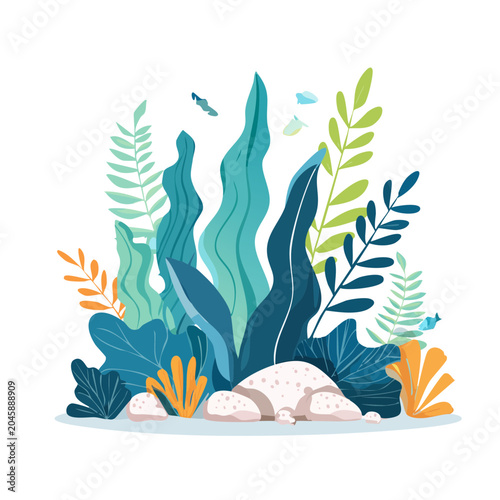Flat design underwater plants with rocks and fish
