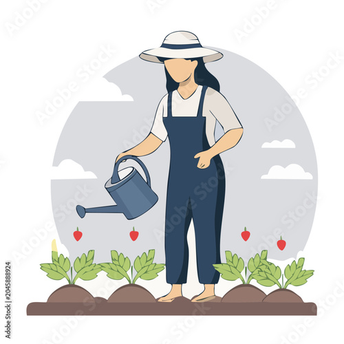 Gardener watering strawberry plants in a garden
