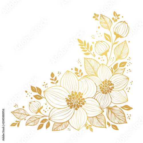 Golden floral corner illustration with leaves and buds