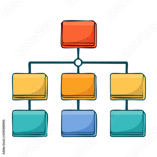 Hand-drawn organization chart with colorful boxes