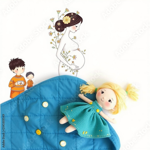 Illustration of a pregnant woman and a doll in a childlike style.