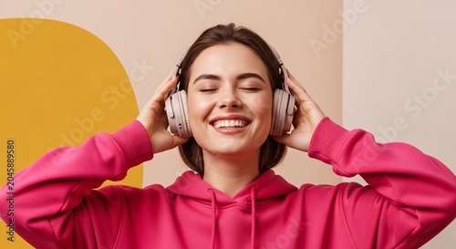 Happy young woman enjoying music with headphones smiling cheerful expression wearing pink hoodie indoor lifestyle scene for relaxation and entertainment