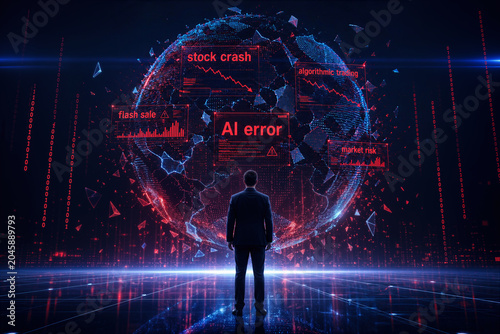 Solitary business person facing fractured holographic data sphere displaying AI error stock crash algorithmic trading flash sale market risk digital collapse financial technology threat