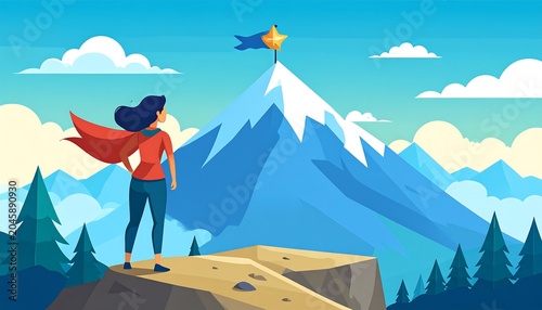 Woman at mountain peak, gazing at flag atop snowy mountain with trees, clouds and blue sky background