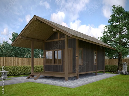 3d rendering of  japanese wood  house