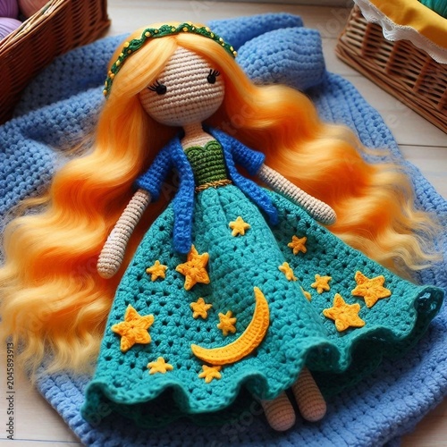 Handmade crocheted doll in a blue dress with stars