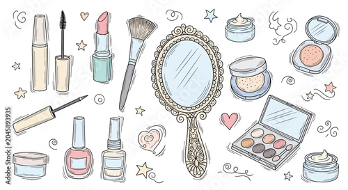 Hand Drawn Makeup and Beauty Accessories Set