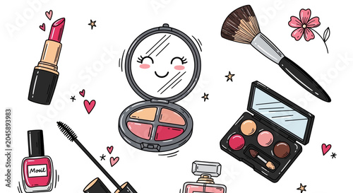 Cute Hand Drawn Makeup and Beauty Accessories Set