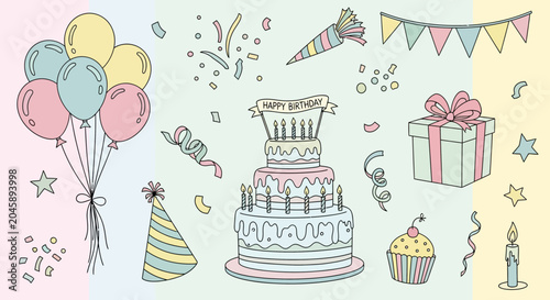 Hand Drawn Birthday Party Elements Set with Cake Balloons and Gift