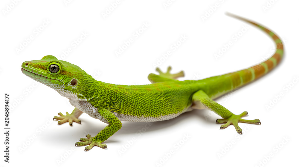 Fototapeta premium A vibrant green lizard with a long tail is standing on a white surface