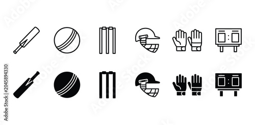 Schilderij op canvas Cricket icon set vector collection with bat ball stumps helmet gloves scoreboard