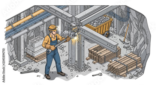 Man wearing blue overalls working industrially.
