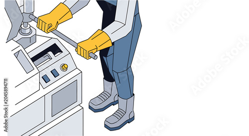 Man wearing protective gear operating machine.