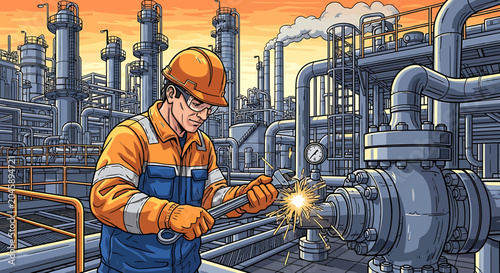 Man wearing orange hard hat welding.