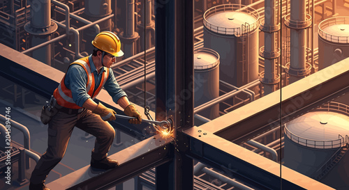 Man welding on industrial structure.