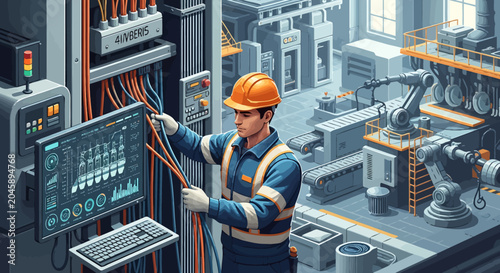 Man working on industrial control panel.