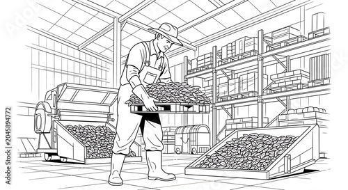 Man working with industrial sorting machine.