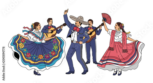 Mariachi musicians and dancers performing together.