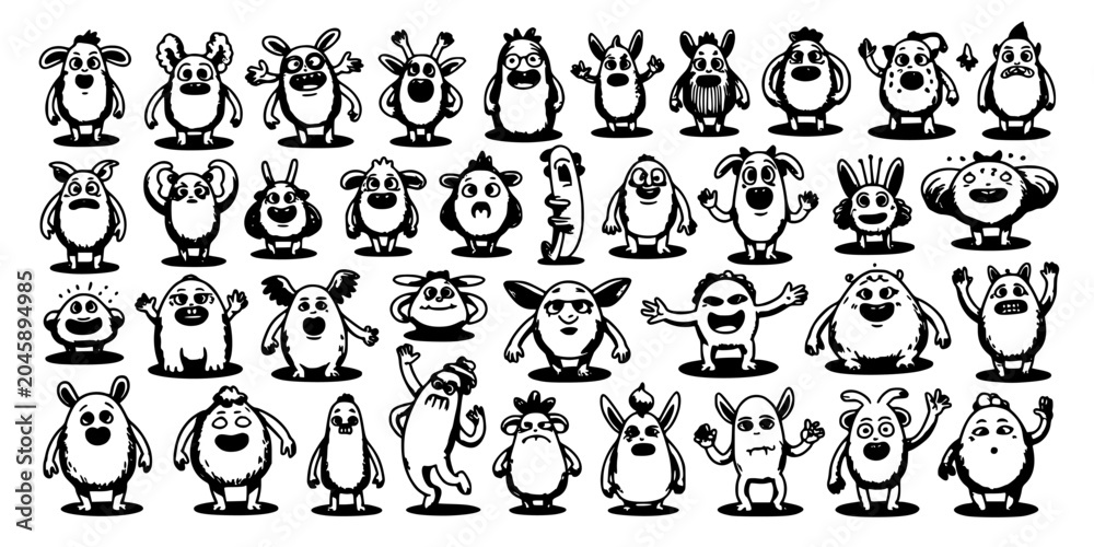 Obraz premium Cow Character Doodles Set of Cute Cartoon Farm Animals, Black-and-White Line Art on White Background