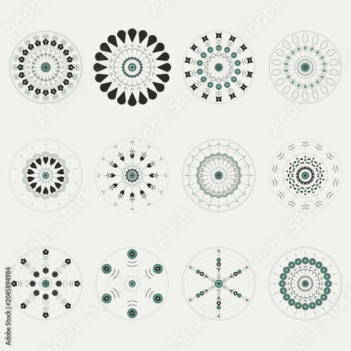 Bilde på lerret Set of 12 Japanese Pattern Mandalas Celadon Grey