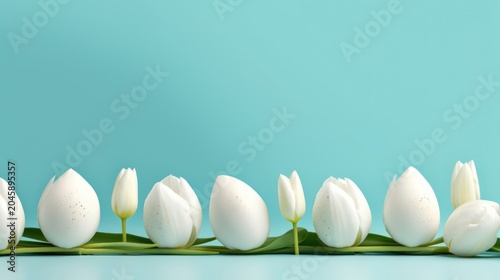 A serene minimalist display of white tulips and speckled eggs welcomes the fresh spirit of spring.