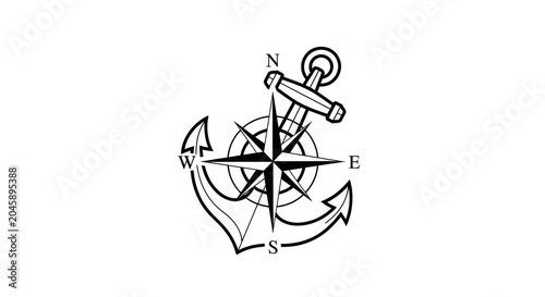 Nautical anchor compass rose, navigation symbol, directional icon, maritime sign