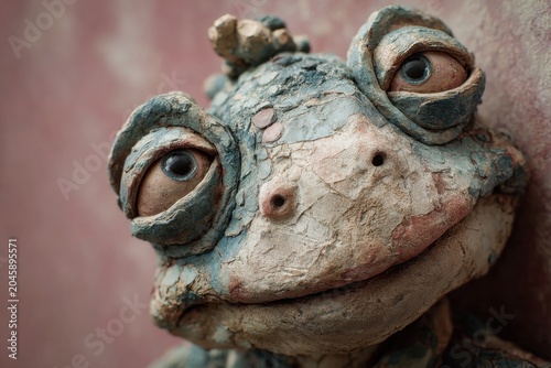 A whimsical handmade clay figure is presented with soft, cute facial features emphasizing playful sculptural design and character charm