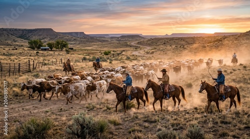 Cowboys Herding Cattle in Desert Landscape at Sunset