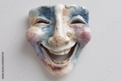 A sculpted clay face displays an exaggerated smile highlighting expressive handmade artistry and playful character design