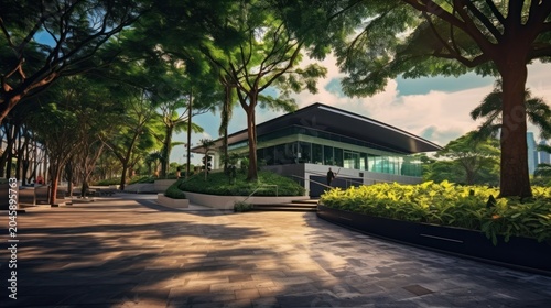 Where modern architectural elegance meets the tranquil beauty of a sun-drenched urban forest.