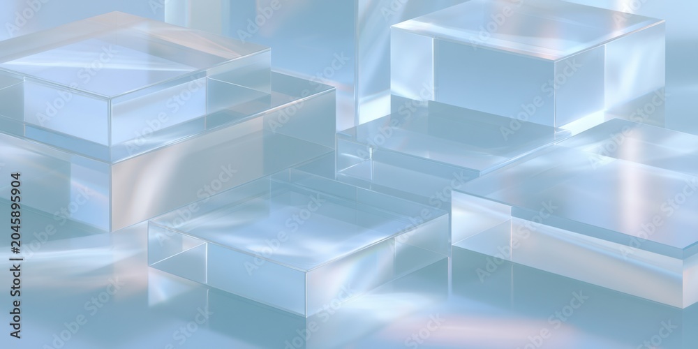 Obraz premium Transparent glass blocks arranged in various sizes and orientations on a reflective surface with soft blue lighting creating a serene and modern aesthetic