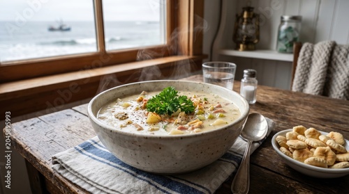 Creamy Potato Leek Soup With Gnocchi and Fresh Parsley on Rustic Wooden Table by Window