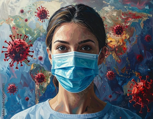 Woman in medical mask, painted style with global backdrop and virus imagery