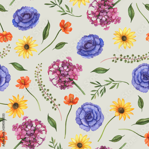 Hand drawn seamless pattern with watercolor flowers and leaves, textile print, colorful floral elements on pale background, surface design.
