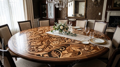 Elegant Wooden Inlaid Dining Table Set for Formal Dinner Party With Floral Centerpiece