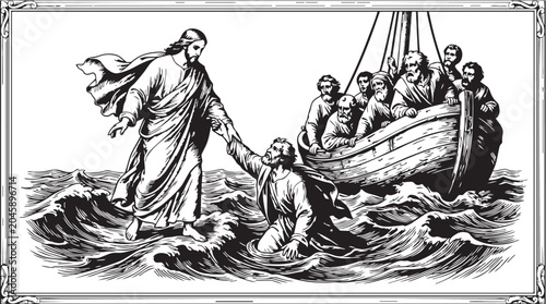 Vintage biblical illustration of jesus walking on water saving peter with christian, religion
