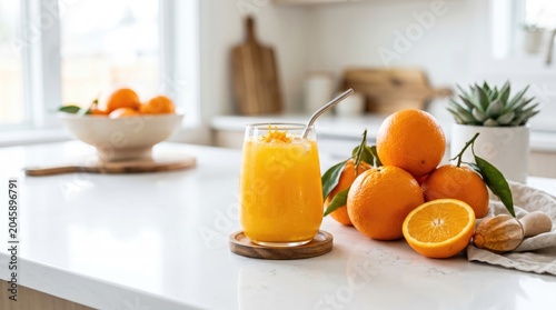 Fresh Orange Juice in Glass With Sliced Oranges and Nuts on White Countertop