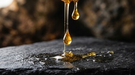 Golden Viscous Liquid Droplets Slowly Dripping Onto Dark Textured Surface in Macro Photography