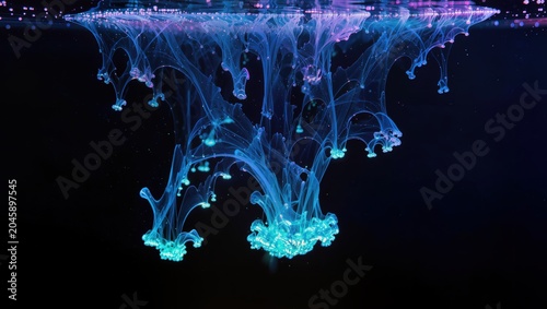 Vibrant BlueInk Ink Droplets Falling in Dark Water, Abstract Artistic Pattern