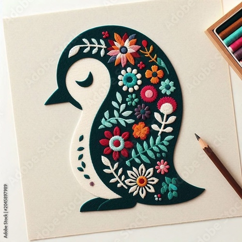 Silhouette of a penguin filled with a bright floral ornament in ethnic style