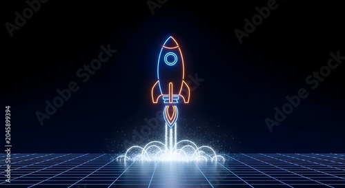 Neon rocket launching with glowing particles on grid