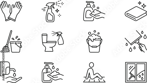 Fotografía Cleaning and hygiene service linear icon set with household sanitation spray mop bucket and tools