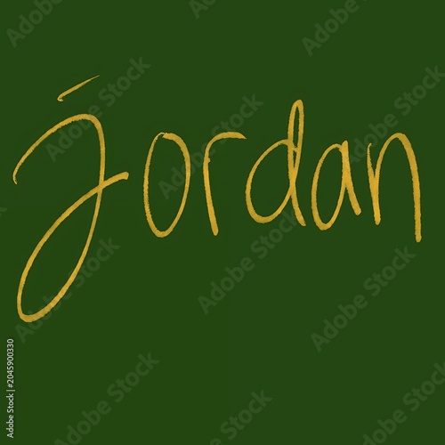 Handwritten name in gold cursive on a green background