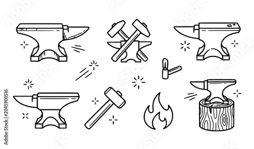 Foto Blacksmith tools collection anvils hammers and forge elements line art