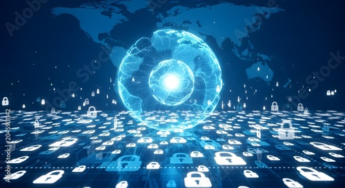 Global digital security network with glowing earth and lock icons